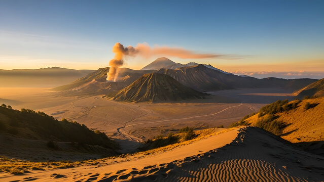 Golden Sunrise Landscape Featuring the Smoldering Mount Bromo Volcano and Vast Desert Dunes in East Java Indonesia