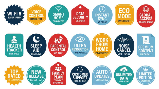 Colorful tech feature badges and product marketing stickers set vector illustration