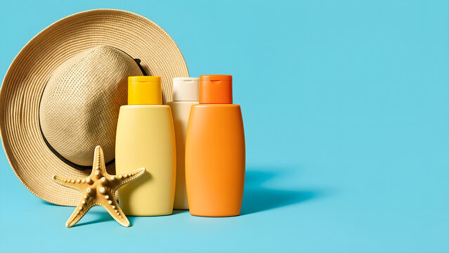 Puerto Rican Pava Hat and Sunscreen Bottles on Blue Background, Summer Travel Concept