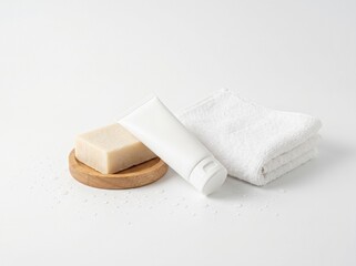Fototapeta premium Hygiene essentials: A simple composition of soap on a wooden dish, a tube of cream or lotion, and a clean folded towel, representing a serene and clean bathroom setup.