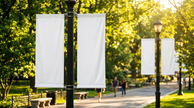 Blank white banners hang from lampposts on a sunlit park path with people walking in the background