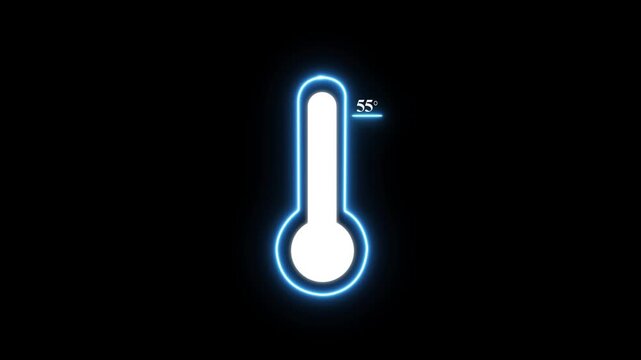 A glowing blue neon thermometer displaying a temperature reading of fifty five degrees on a solid black background for digital weather data