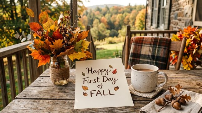 Happy First Day of Fall greeting card on a rustic wooden porch table with a cozy coffee mug, colorful autumn leaves bouquet, and acorns, overlooking a scenic autumn forest mountain view