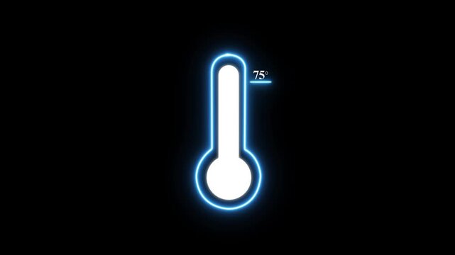 Glowing blue neon thermometer displaying seventy five degrees on a solid black background representing weather or climate measurement data