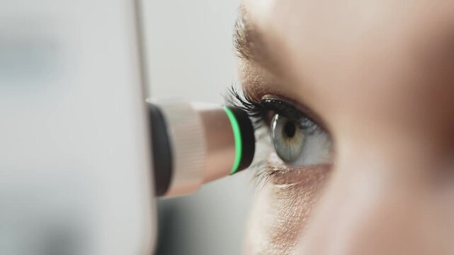 Close-up of a woman's eye during tonometry examination, showcasing the progression of the eye test with visible equipment and detailed eye features in a clinical setting