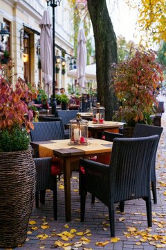 Outdoor dining setup in autumn with tables and chairs surrounded by colorful leaves and decorations