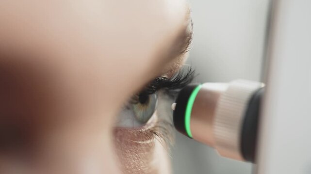 Close-up of a woman's eye during tonometry examination, showcasing the precision of the instrument as it approaches the eyelashes in a clinical setting