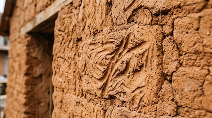 Fototapeta premium Mud Wall Texture with Decorative Earth Pattern Rustic Clay Building Exterior Sustainable Architecture Detail