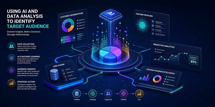 Isometric AI and Data Analysis Infographic Dashboard for Target Audience Identification with 3D Charts and Predictive Business Intelligence