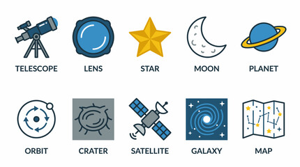 Colorful astronomy and space exploration icons set. © Santi