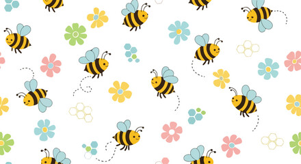 Fototapeta premium Cute and colorful bee and flower pattern with cheerful pastel colors for spring or summer designs