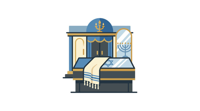 Illustration of Jewish Synagogue Interior with Bimah and Tallit