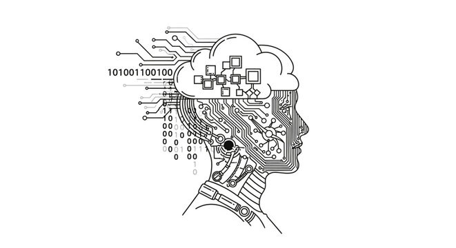 Human head profile with intricate circuit board patterns and binary code, representing artificial intelligence and technological thinking on an isolated white background.