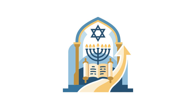 Jewish Religious Symbolism with Menorah Star of David and Torah Scroll