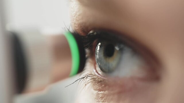 Close-up of a woman's eye during tonometry examination, showing the progression of the procedure with a medical instrument approaching the eye in a clinical setting