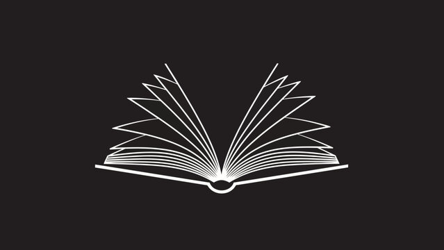 Minimalist line art illustration of an open book with fanned pages, symbolizing knowledge, education, learning, and wisdom on a black background