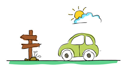 Cute hand drawn green car with wooden signpost and sun vector ideal for road trip blogs, kids illustration, and travel designs. © EkoPriyatno