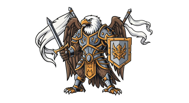 Bald eagle mascot warrior character wearing ornate silver and gold plate armor, holding a longsword and a kite shield with crest, white banners on back, isolated on white background.