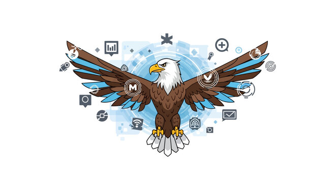Vector illustration of a bald eagle mascot with spread wings, integrated with futuristic technology icons, digital interface elements, and data analytics symbols on a white background.