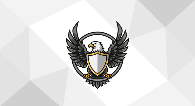 Vector eagle mascot logo with wings spread, holding a crest shield inside a circular frame, white and grey color scheme on a geometric low-poly background for sports teams.