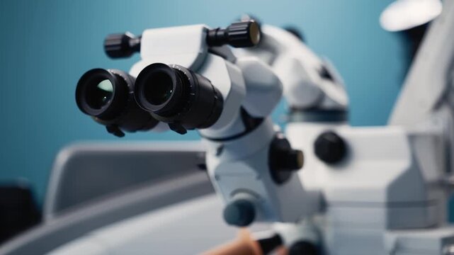 Microscope with dual eyepieces positioned for ophthalmic microsurgery, showcasing detailed optics and mechanical components against a blue background in a clinical setting