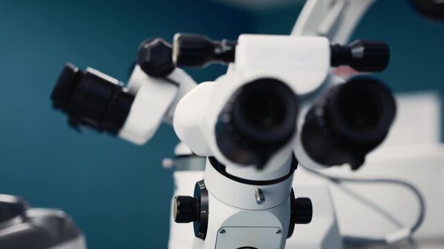 Microscope for ophthalmic microsurgery with dual eyepieces and adjustable focus, positioned on a clean surface in a clinical environment