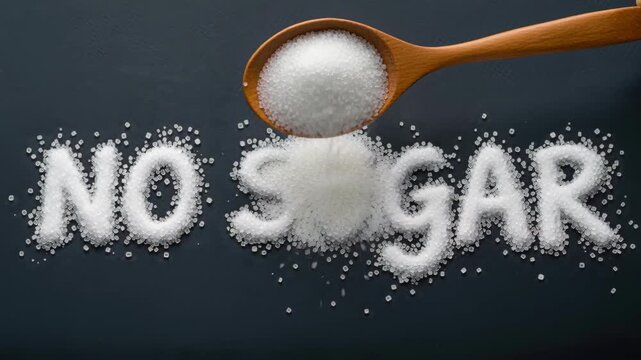 No Sugar Message: White sugar crystals artfully form the words NO SUGAR on a dark slate surface, with a wooden spoon overflowing with sugar positioned above.