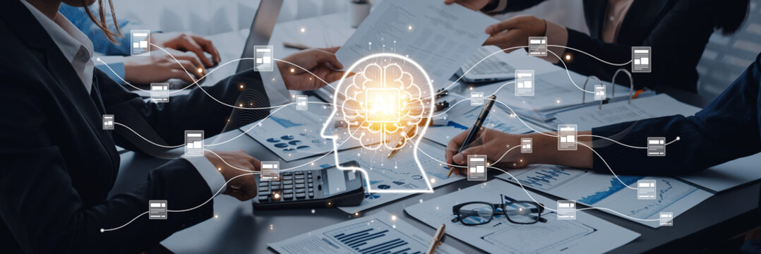 Business Meeting with Data Analysis and Artificial Intelligence Concept, Team Collaboration on Project Presentations, and Digital Brain Visualization Trope.
