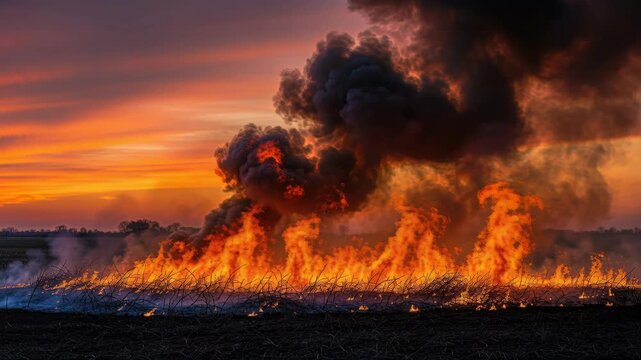 Wildfire Blaze at Sunset: A devastating wildfire rages across a field, with towering flames and thick smoke billowing into a dramatic sunset sky, symbolizing destruction and the raw power of nature.