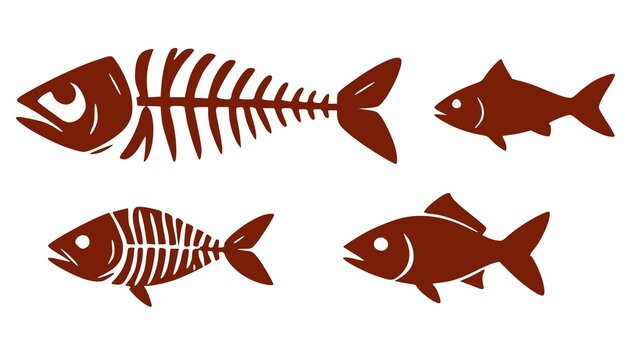 Fish and skeletons Set of fish and fish skeleton silhouettes. Vector icons in tribal tattoo style isolated on white