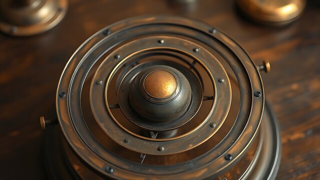 heliocentric. A patinated bronze heliocentric model with planetary rings sits on a dark wood table. STEM education sheets, lab safety posters, designed for biotech research communications.