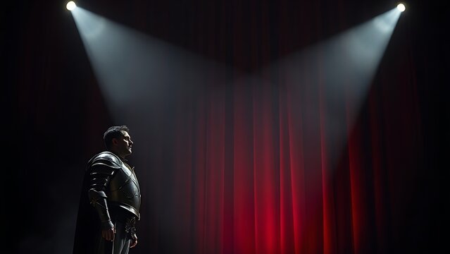 tenor. Spotlight on opera stage illuminating tenor singer in armor, dramatic shadows, red curtain background. event programs.
