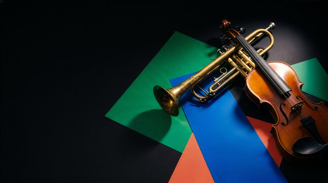 Brass Trumpet and Wooden Violin Resting on Colorful Geometric Shapes Against a Dark Background
