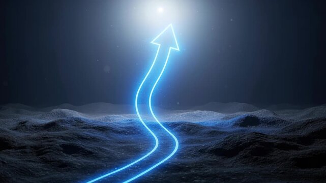 Neon Arrow of Progress: A luminous neon blue arrow illuminates a dark, textured landscape, pointing upwards towards a bright light, symbolizing growth, direction, and achievement.