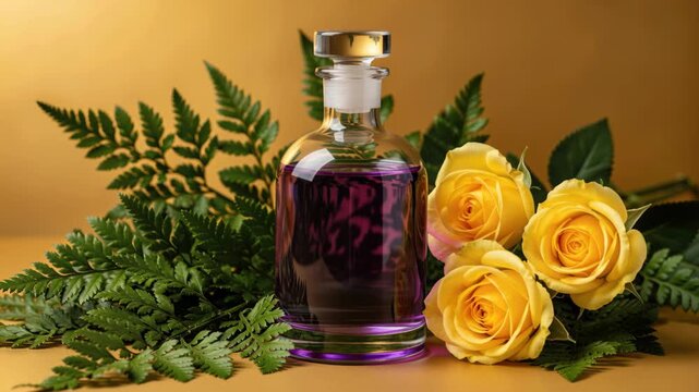 Golden Elixir: A vintage glass bottle filled with a rich purple liquid sits nestled amongst vibrant green ferns and three delicate yellow roses, evoking a sense of natural luxury and botanical wonder.