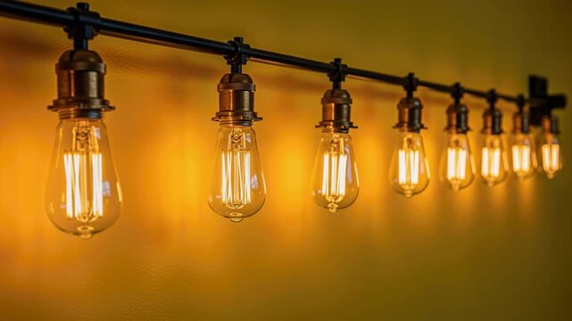 Retro Edison Bulbs: A string of vintage Edison light bulbs glows warmly, casting a soft, ambient light against a textured yellow wall, evoking a sense of nostalgia and industrial charm.