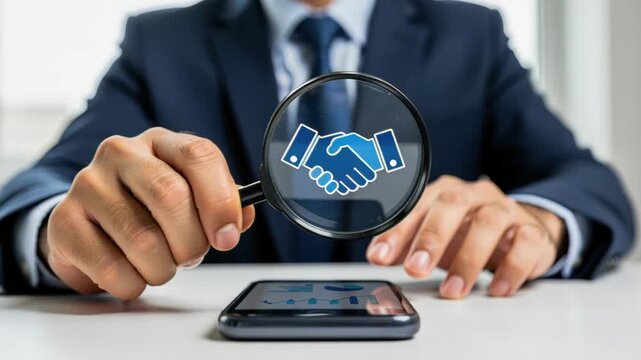 Magnifying Partnership: A businessman in a suit examines a digital handshake icon through a magnifying glass, symbolizing scrutiny and trust in business agreements and collaboration.