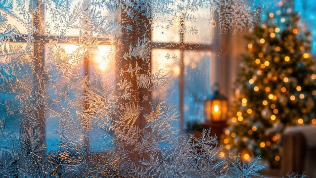 Filigrane Eisblumen am Fenster vor Weihnachtsbaum und Laterne im warmen Abendlicht. Festliche Weihnachten mit winterlicher Gem&uuml;tlichkeit, Frostkunst und stimmungsvoller Atmosph&auml;re.