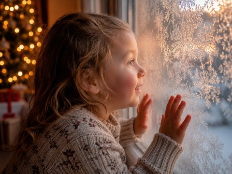 Kleines M&auml;dchen bewundert kunstvolle Eisblumen am Fenster zu Weihnachten. Warme Lichter, Weihnachtsbaum und winterliche Vorfreude schaffen eine zauberhafte Festtagsstimmung.