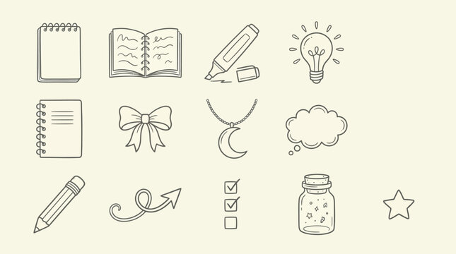 Collection of hand-drawn icons representing ideas, creativity, and learning, including notebooks, a lightbulb, and writing tools.
