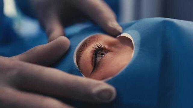 Medical professional performing eye surgery on patient, focusing on the eye under a sterile blue drape in a clinical environment with surgical tools nearby
