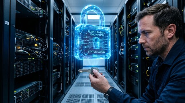 An IT technician holding a key near a glowing hologram padlock for quantum-safe data encryption