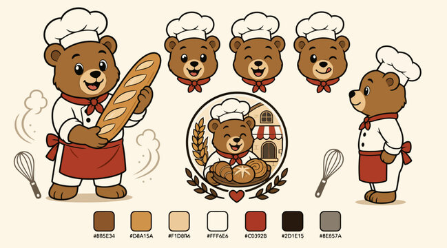 Cartoon Bear Baker Holding Fresh Bread Loaf.