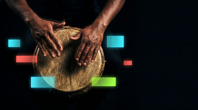 Close up of a person playing a djembe drum with colorful digital overlays