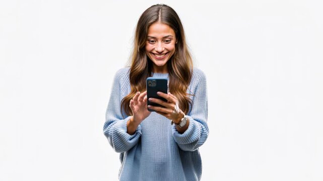 A Woman Texting Smile: A young woman with long brown hair, wearing a light blue sweater, smiles as she happily types on her smartphone.