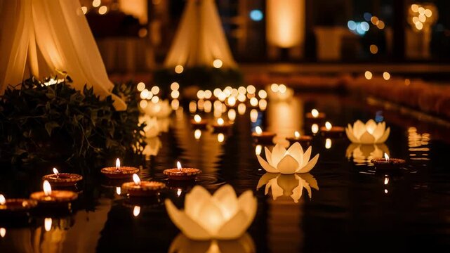 Floating diyas and glowing paper lotus flowers on water during night. Traditional light decorations for Hindu religious ceremonies and festive celebration event.