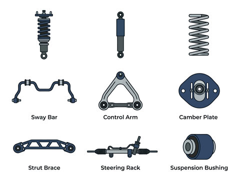 Automotive suspension component icon set featuring coilover, shock absorber, spring, sway bar, control arm, camber plate, strut brace, steering rack, suspension bushing, flat vector illustration