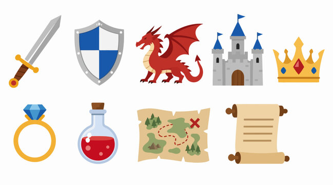 Medieval fantasy icons collection with sword shield and dragon.