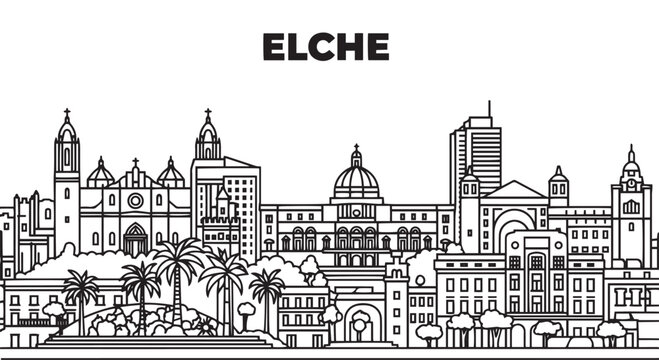 Elche Skyline Black and White Illustration