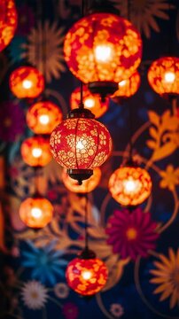 Glowing red paper lanterns hanging against floral wall pattern. Traditional festive decoration for Hindu celebration. Warm light illumination for cultural event. Vertical video